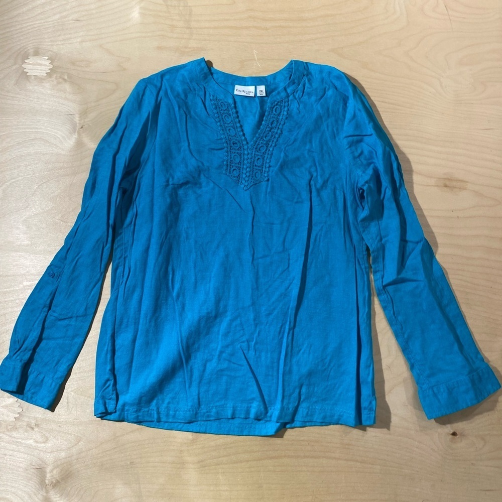 Kim Rogers Teal Blue Long Sleeve Embroidered V-Neck Tunic PM (QU)